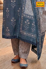 Blue Printed Cotton Unstitched Suit Set for Women