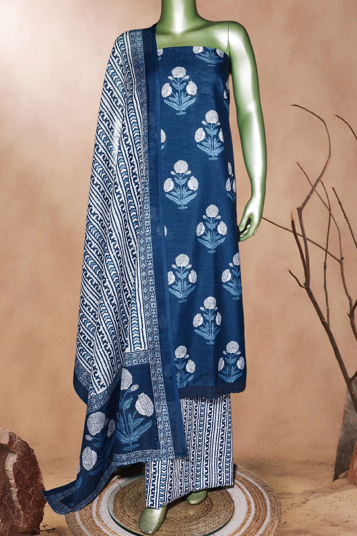 Blue Printed Cotton Unstitched Suit Set with Dupatta for Women