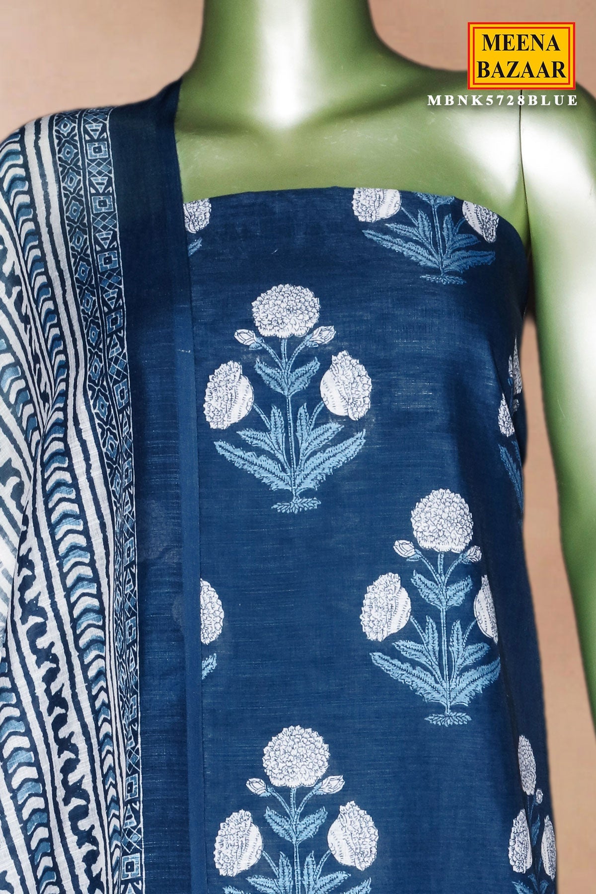 Blue Printed Cotton Unstitched Suit Set with Dupatta for Women