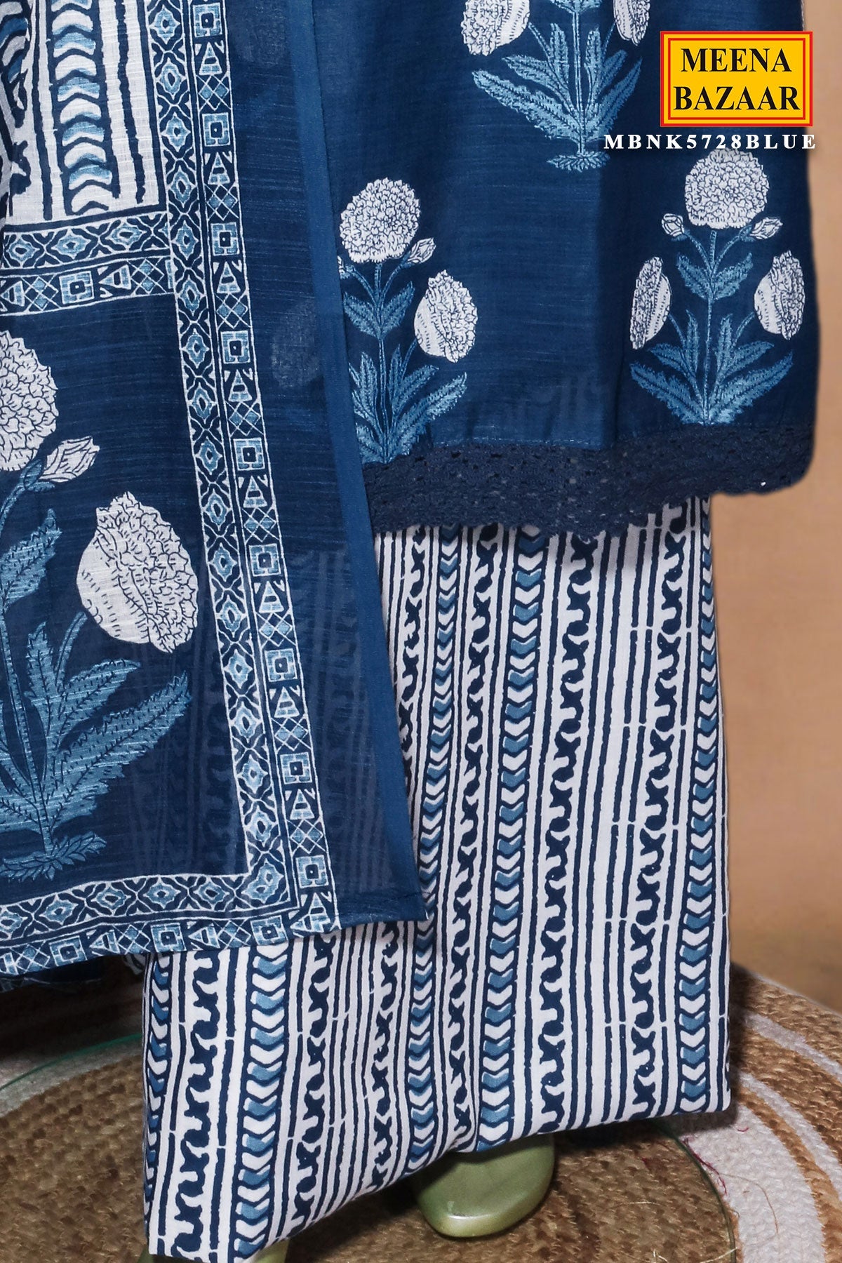 Blue Printed Cotton Unstitched Suit Set with Dupatta for Women