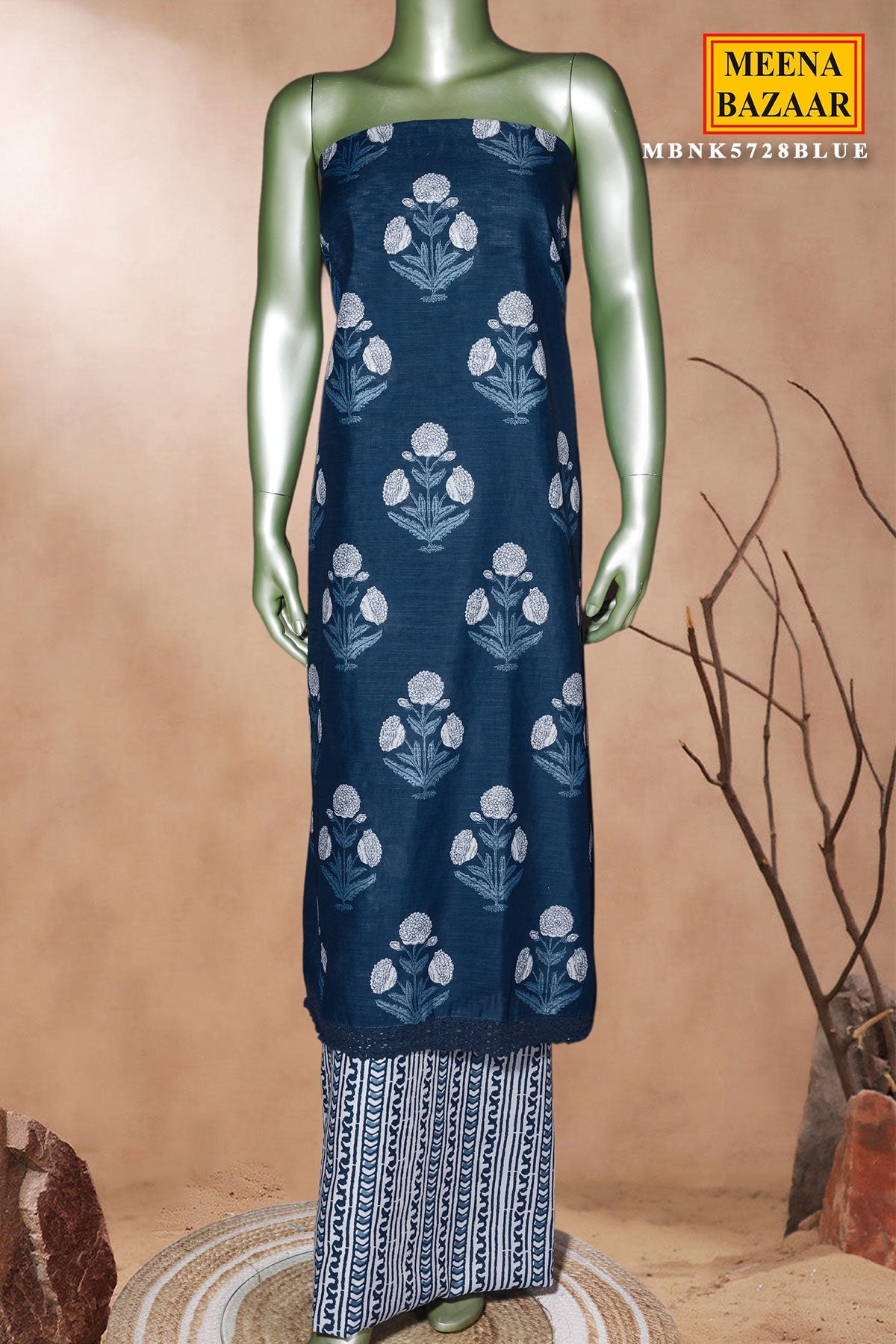 Blue Printed Cotton Unstitched Suit Set with Dupatta for Women