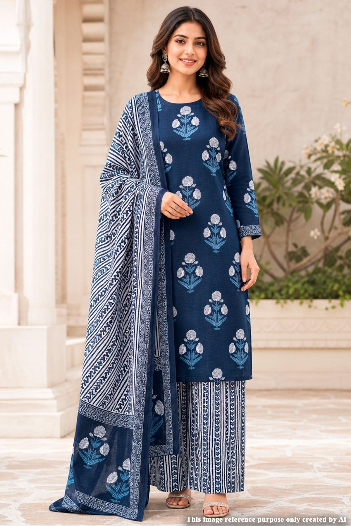 Blue Printed Cotton Unstitched Suit Set with Dupatta for Women