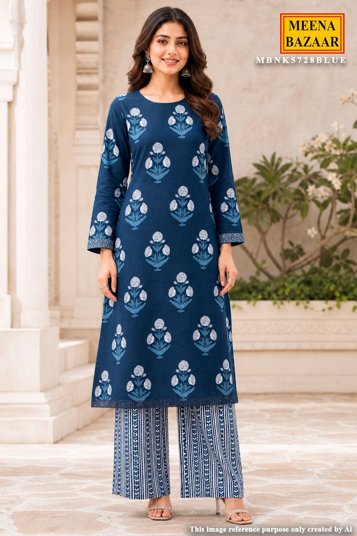 Blue Printed Cotton Unstitched Suit Set with Dupatta for Women