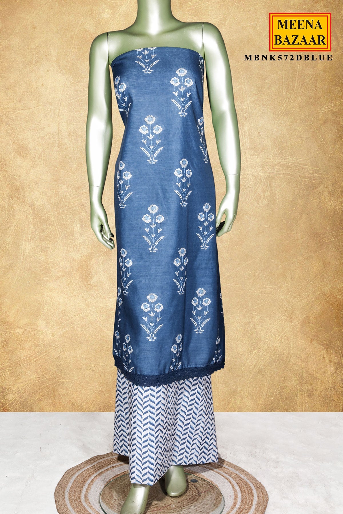 Blue Printed Cotton Unstitched Suit Set for Women