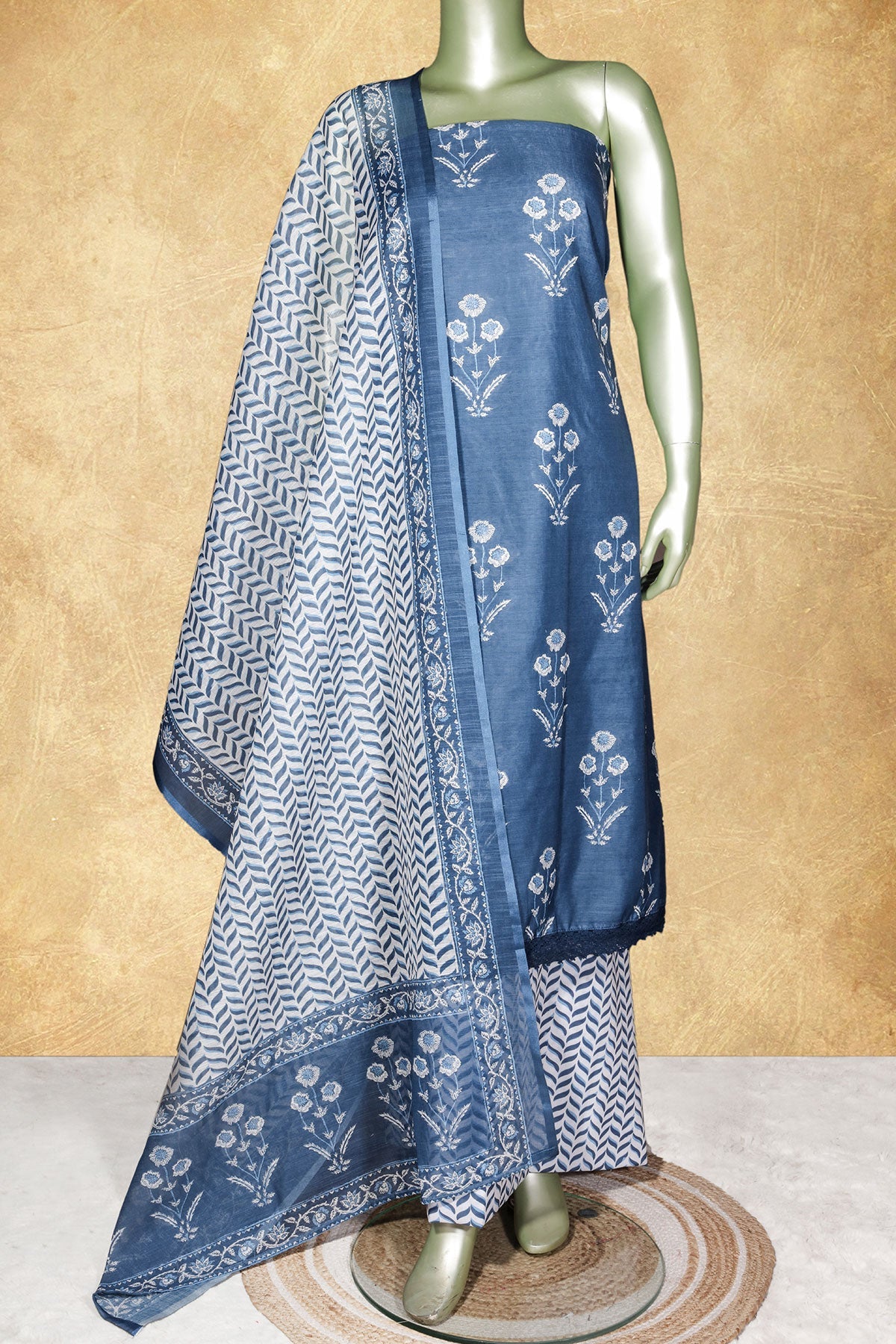 Blue Printed Cotton Unstitched Suit Set for Women