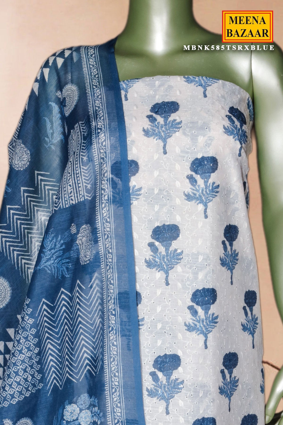 Blue Cotton Unstitched Suit Set with Dupatta for Women