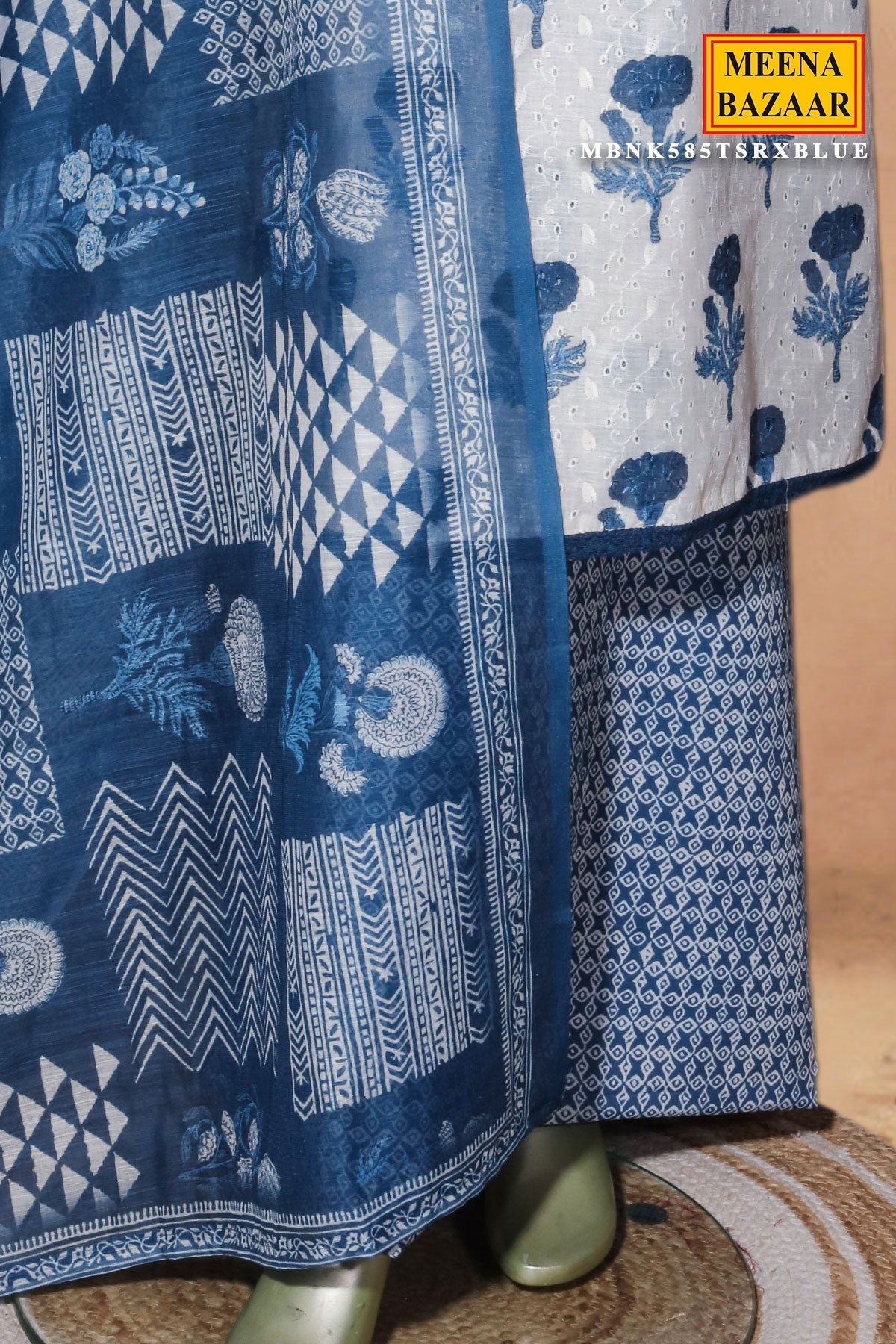 Blue Cotton Unstitched Suit Set with Dupatta for Women
