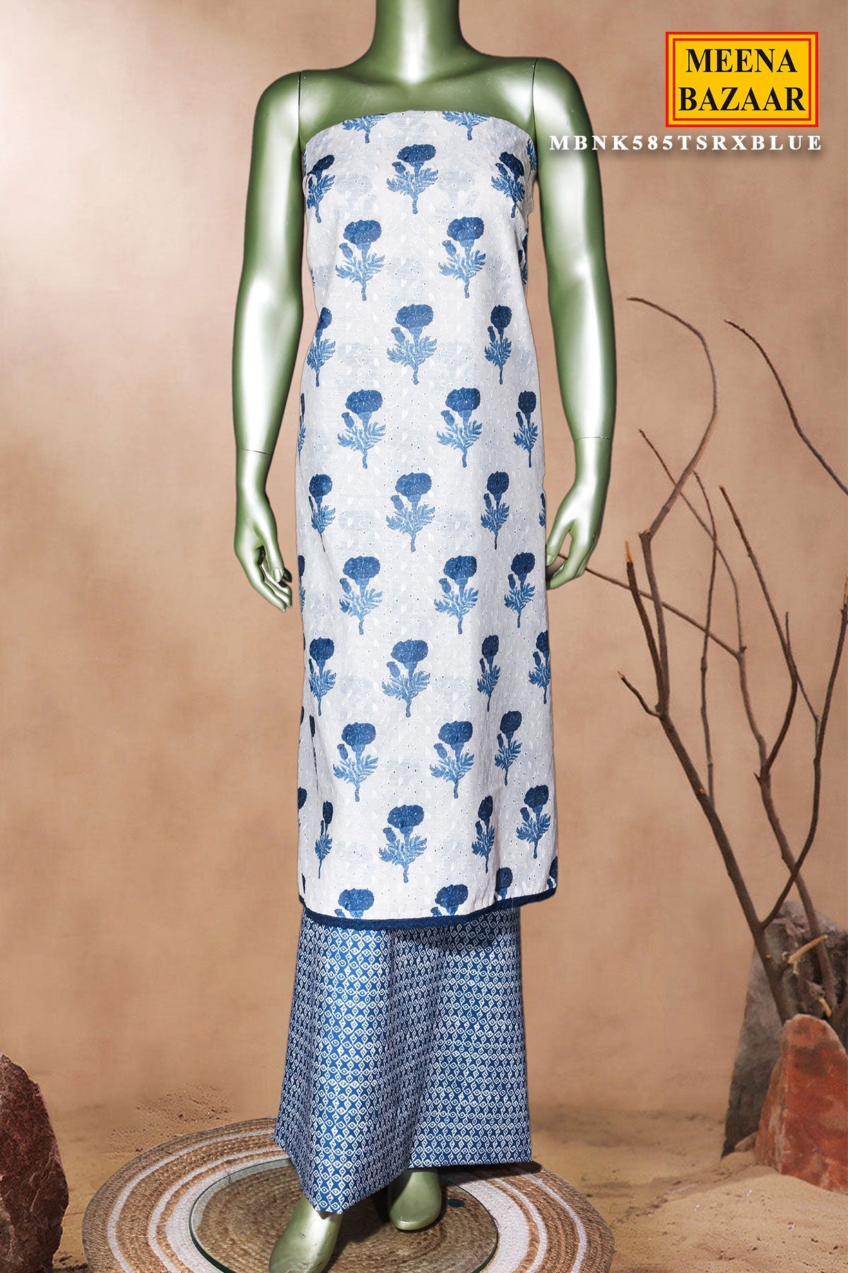 Blue Cotton Unstitched Suit Set with Dupatta for Women