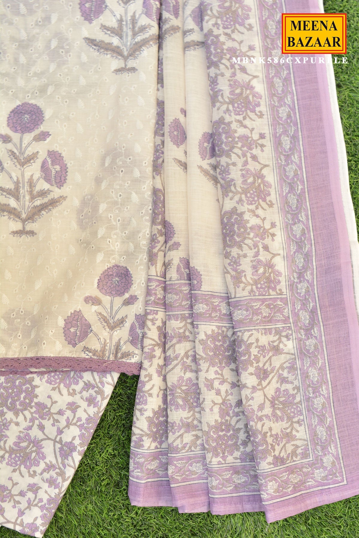 Purple Bloom Printed Cotton Suit Set with Dupatta