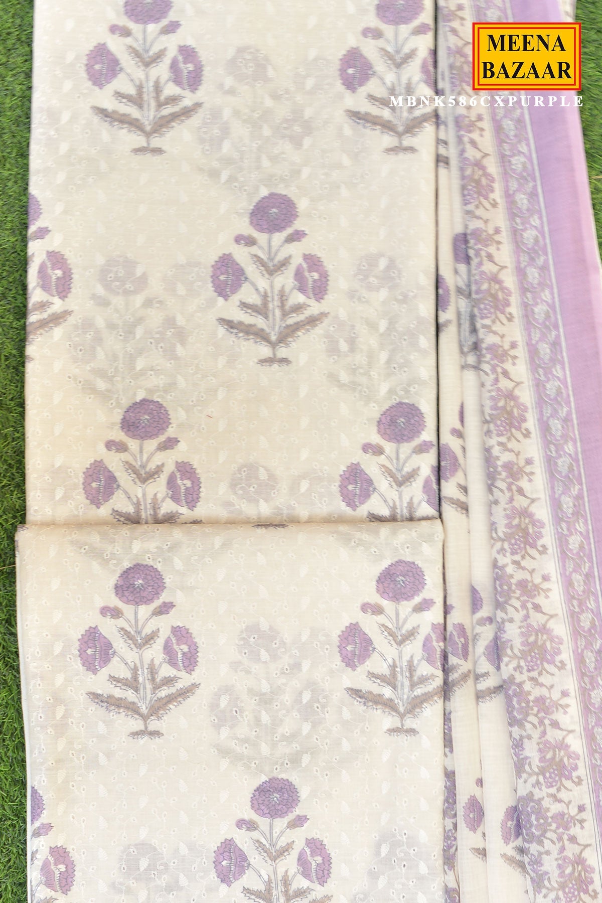 Purple Bloom Printed Cotton Suit Set with Dupatta