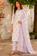 Purple Bloom Printed Cotton Suit Set with Dupatta