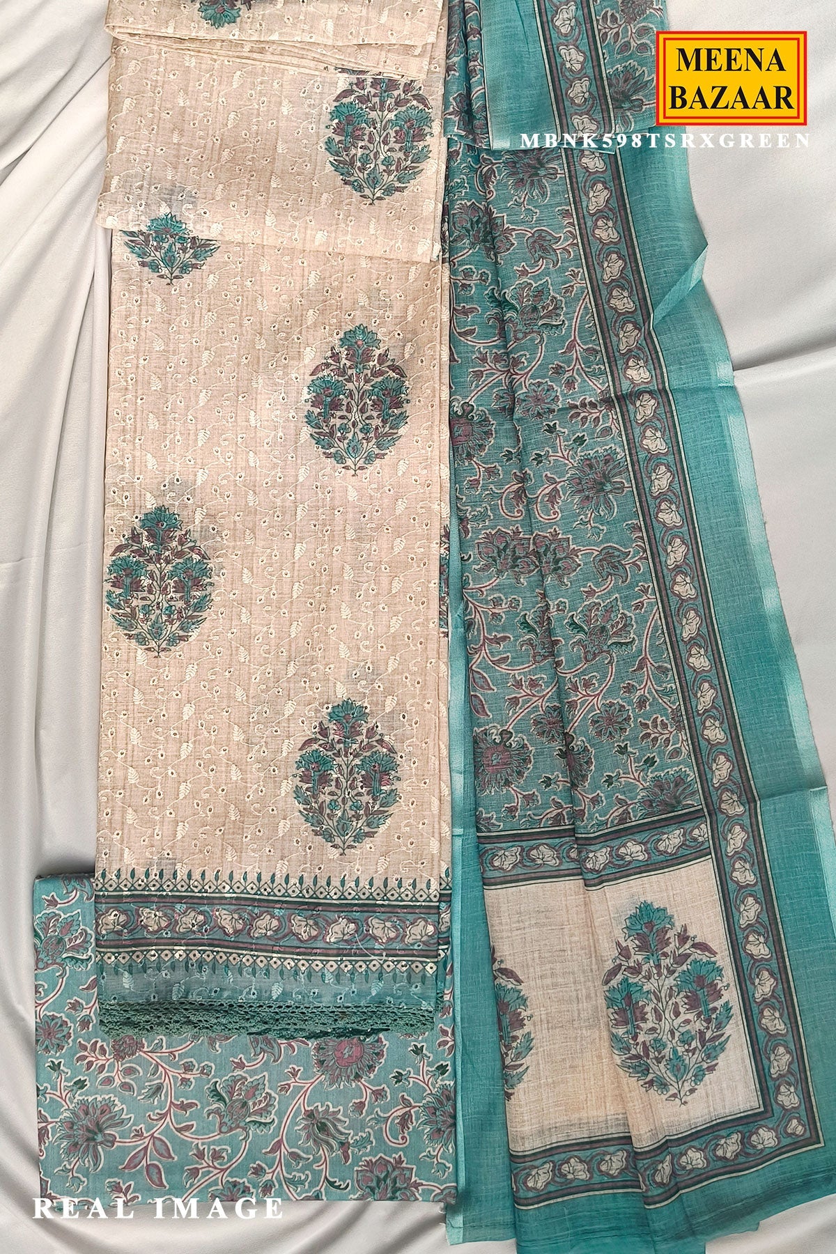 Tussar & Green Floral Cotton Unstitched Suit Set with Printed Dupatta for Women