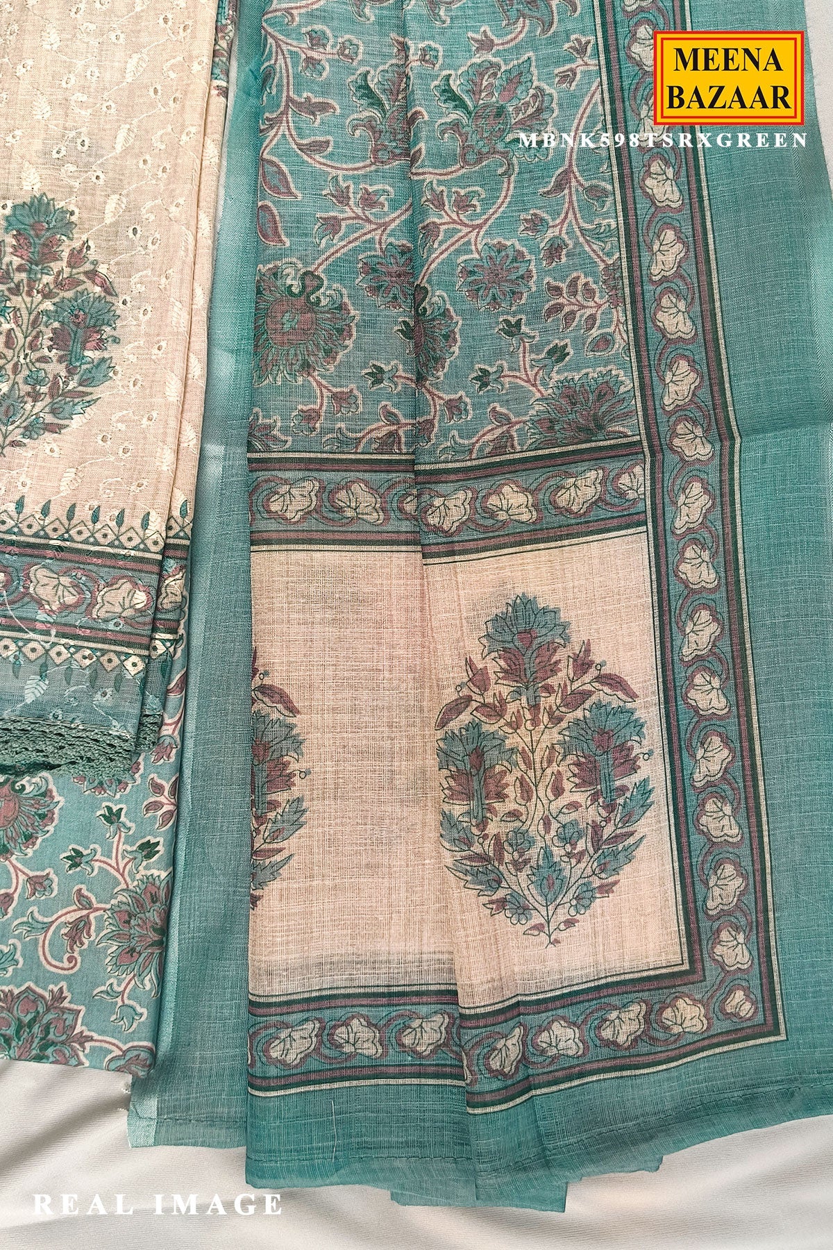 Tussar & Green Floral Cotton Unstitched Suit Set with Printed Dupatta for Women