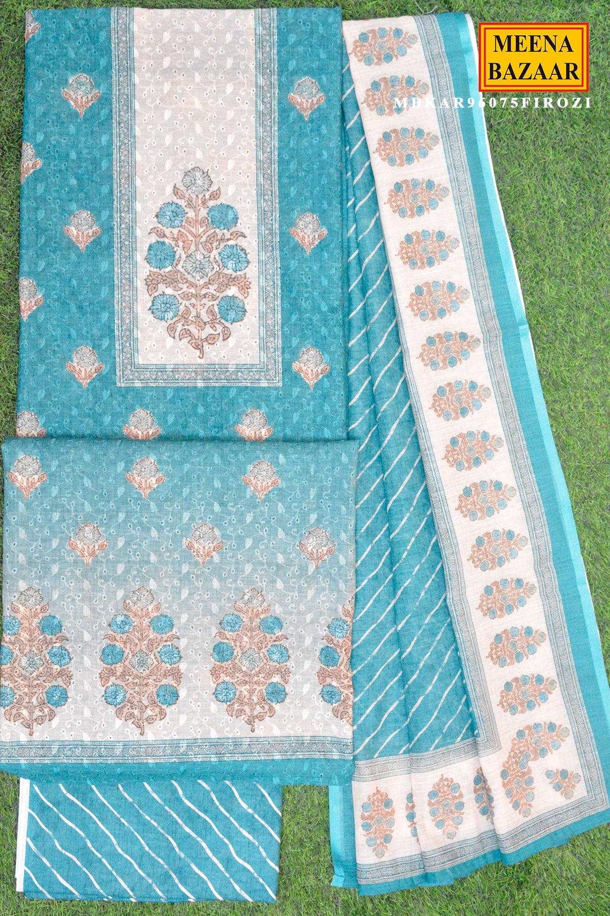 Rama Printed Kurta Set with Striped Dupatta