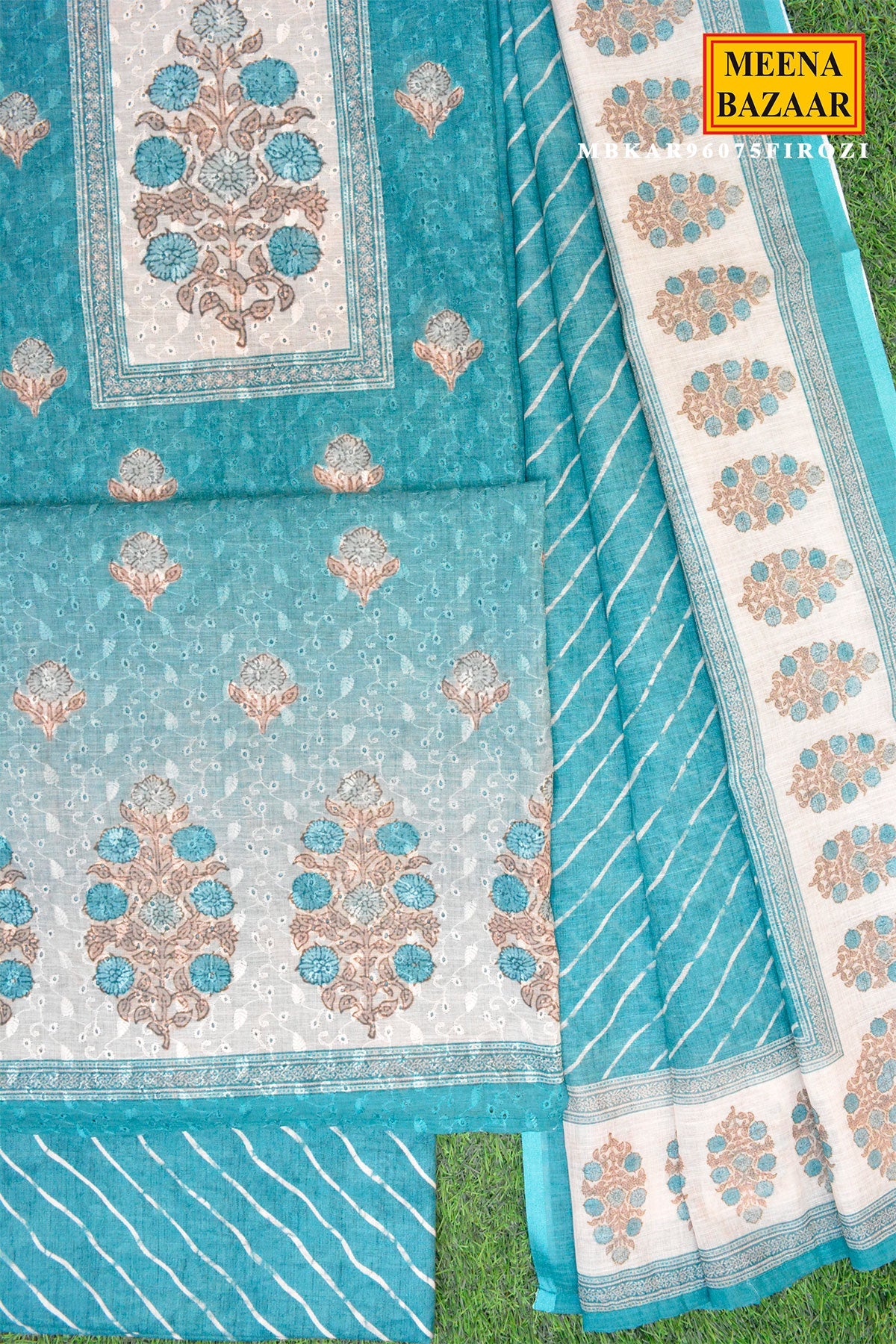 Rama Printed Kurta Set with Striped Dupatta