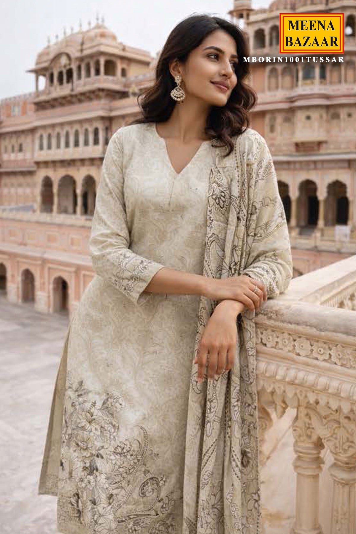 Graceful Tussar Maslin Unstitched Suit with Elegant Embroidery