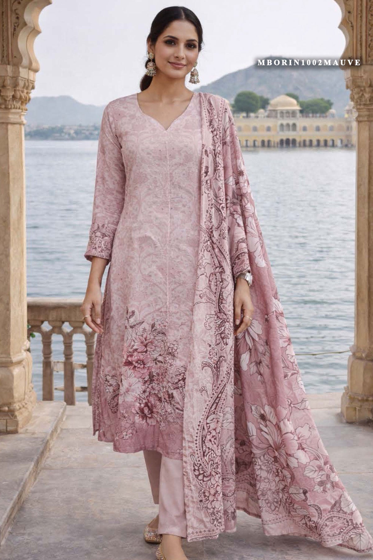 Graceful Mauve Maslin Unstitched Suit with Embroidery Work