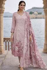 Graceful Mauve Maslin Unstitched Suit with Embroidery Work