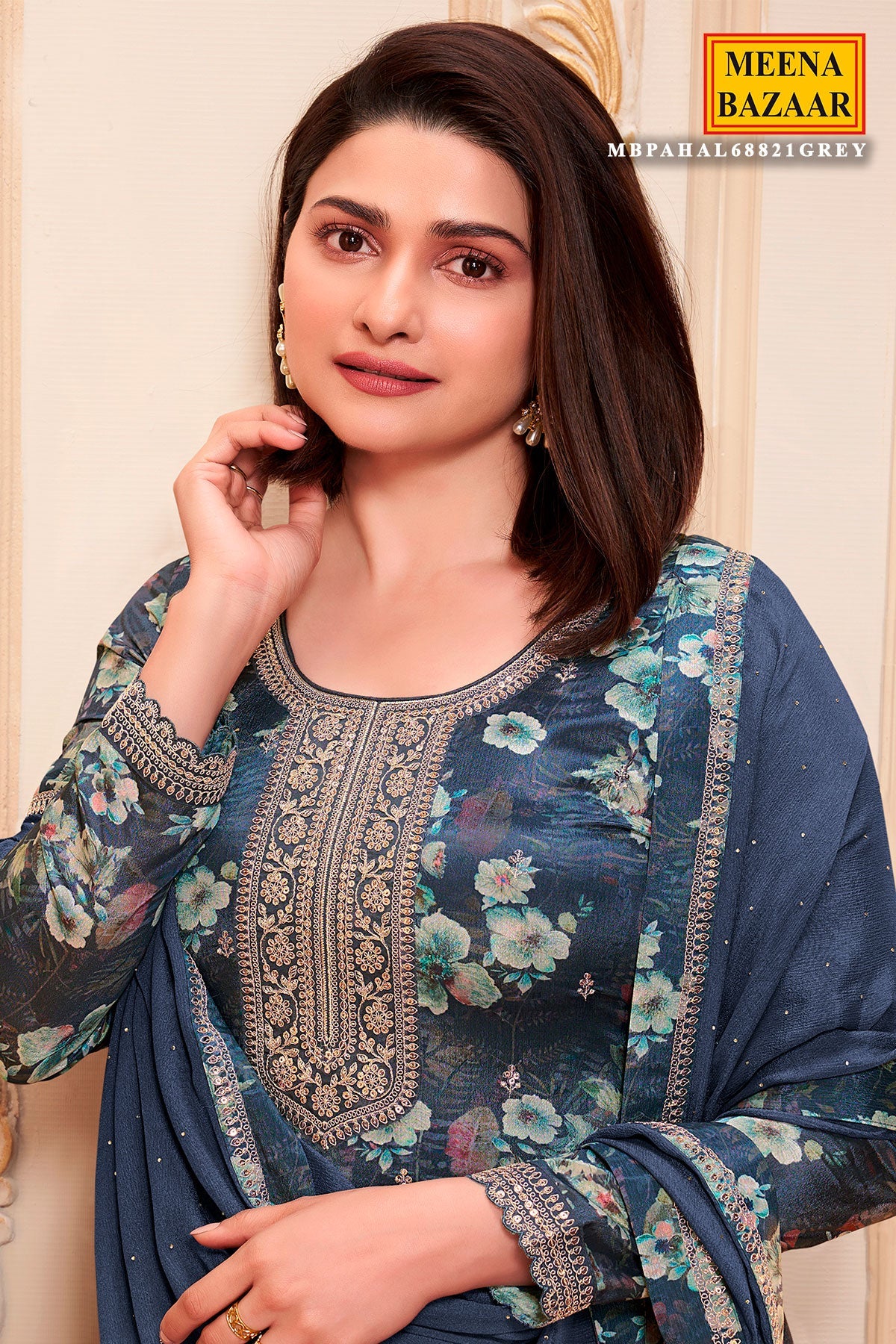 Grey Crepe Embroidered Unstitched Suit Set