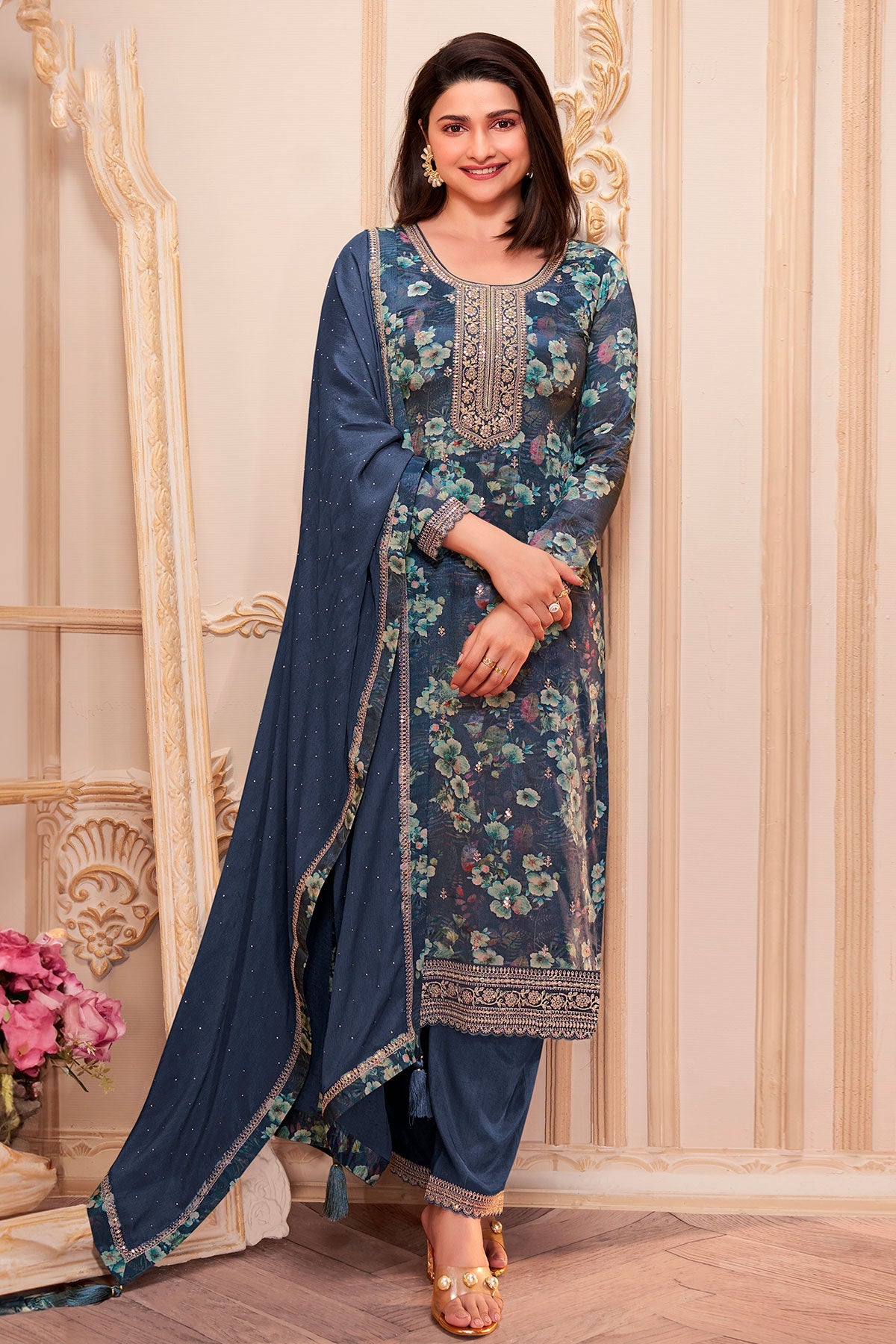 Grey Crepe Embroidered Unstitched Suit Set