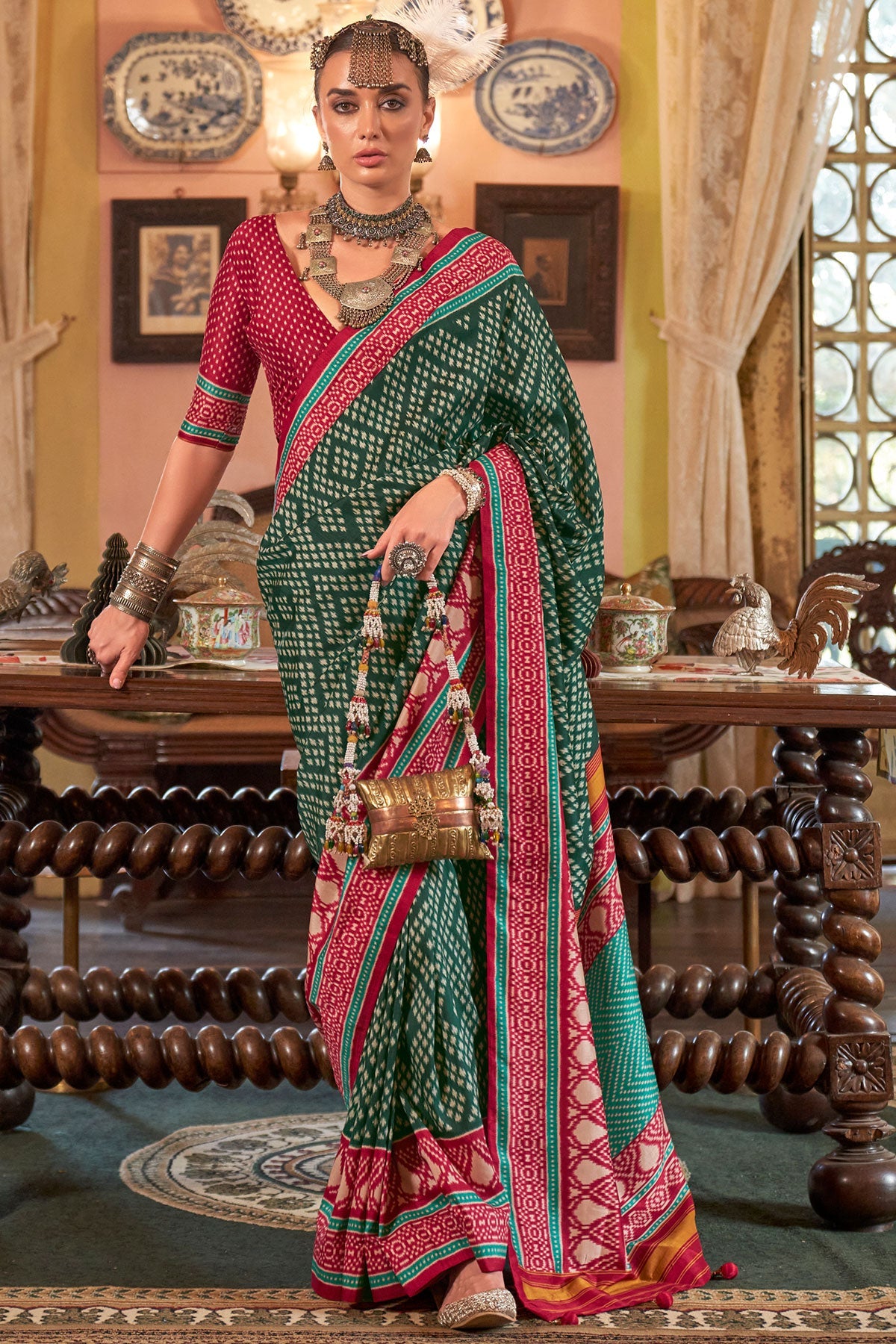 Bottle Green Silk Saree with Red Border – PankhPatola Printed Designer Saree