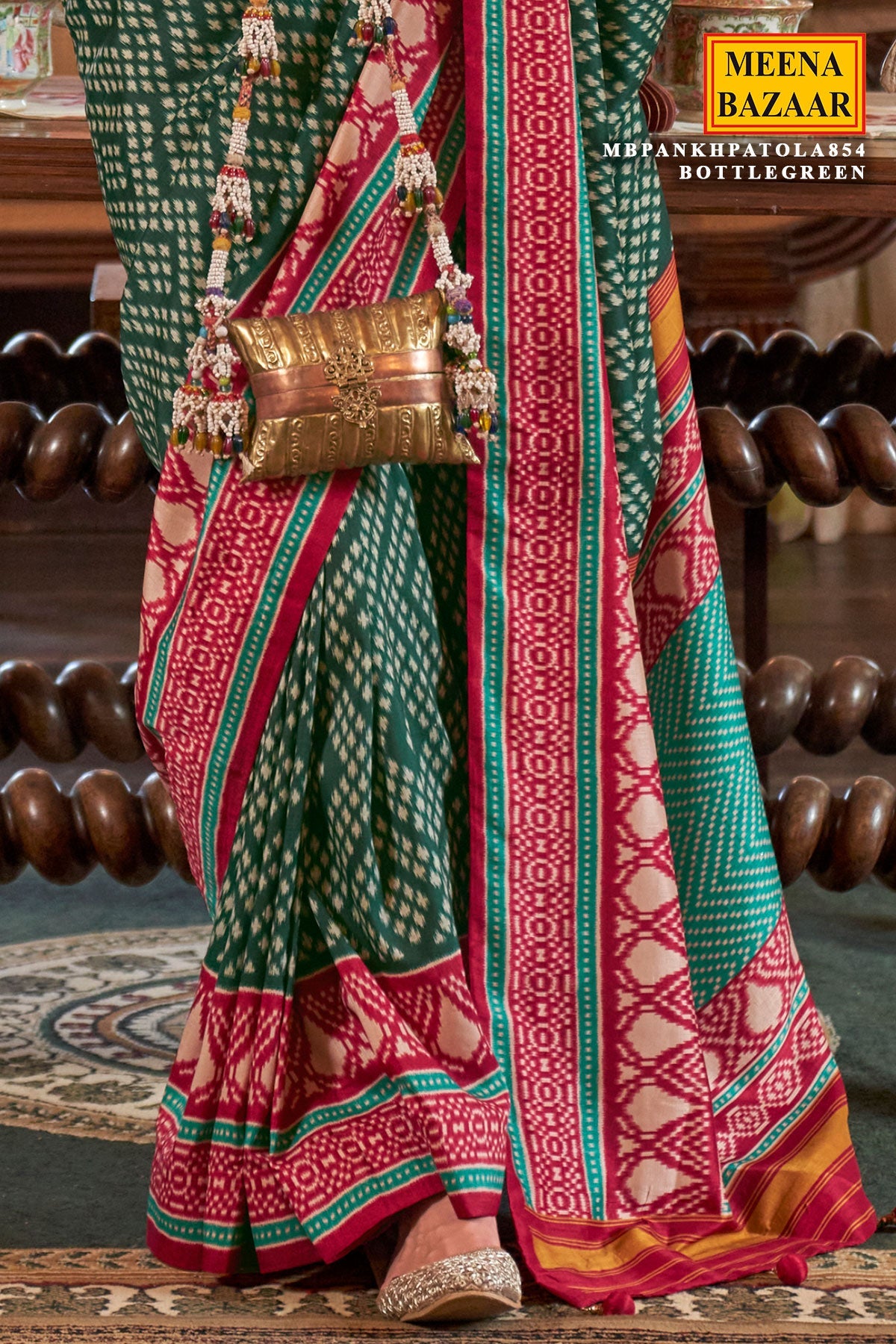 Bottle Green Silk Saree with Red Border – PankhPatola Printed Designer Saree