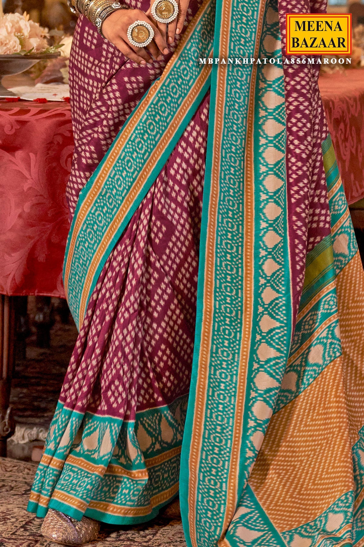 Maroon Silk Saree with Firozi Border – PankhPatola Printed Designer Saree