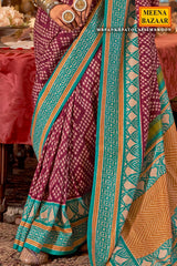 Maroon Silk Saree with Firozi Border – PankhPatola Printed Designer Saree