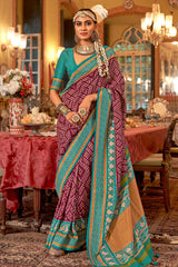 Maroon Silk Saree with Firozi Border – PankhPatola Printed Designer Saree