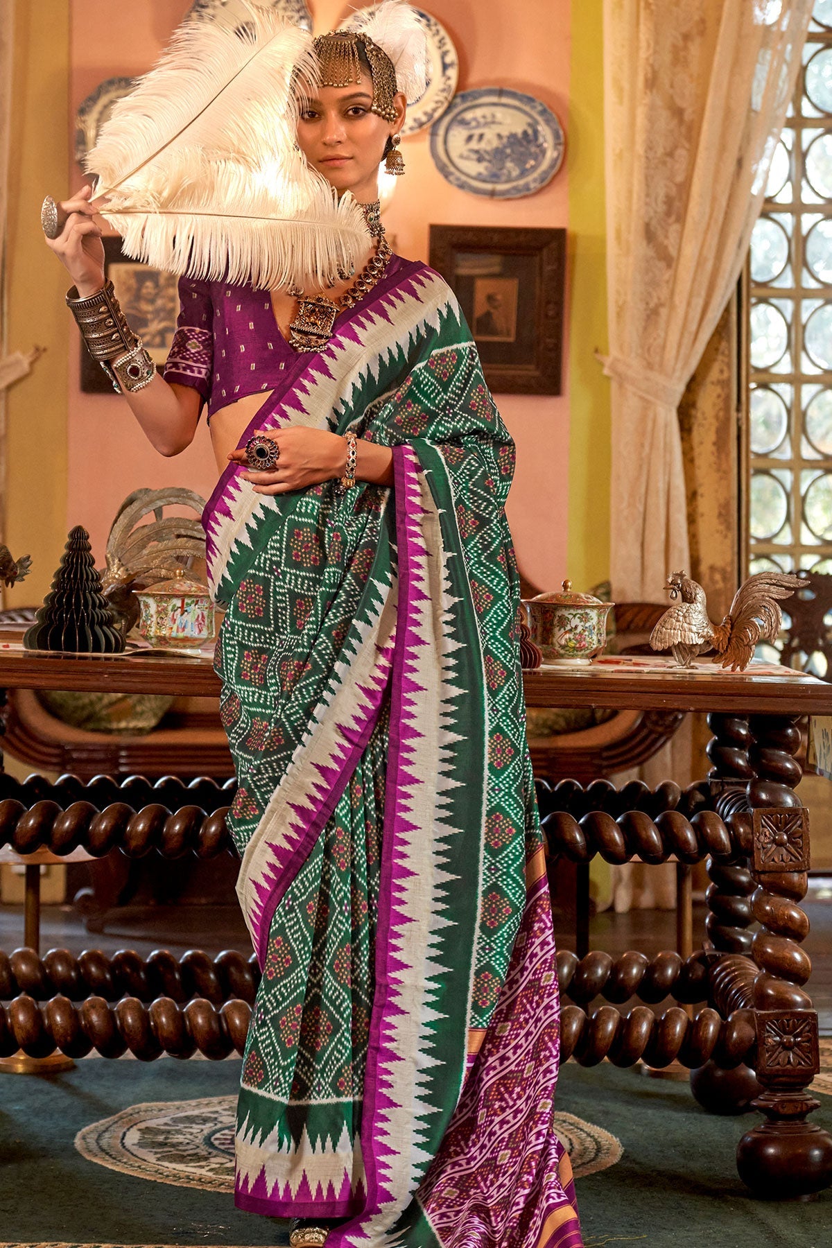 Bottle Green Silk Saree with Wine Border – PankhPatola Printed Designer Saree
