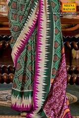 Bottle Green Silk Saree with Wine Border – PankhPatola Printed Designer Saree