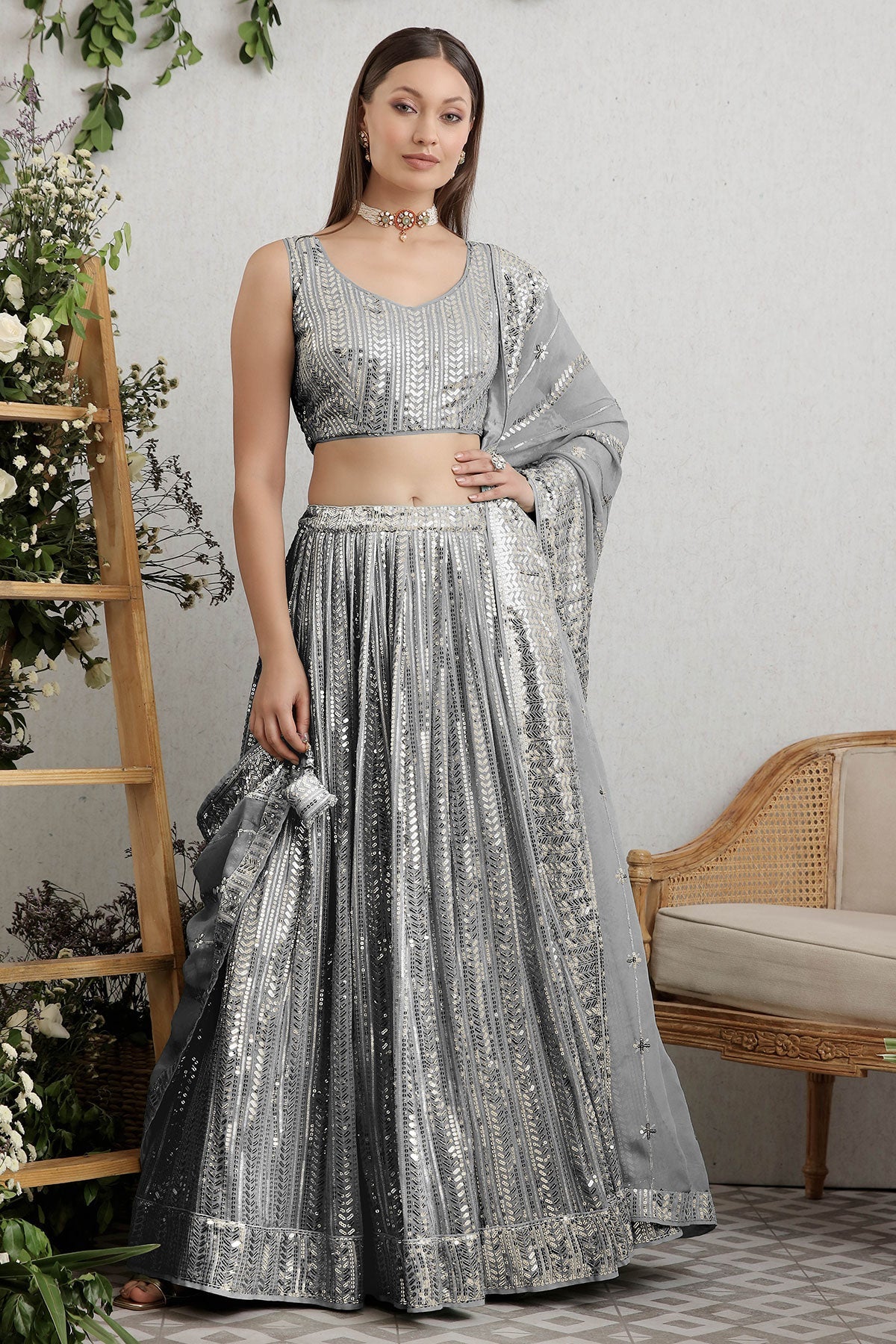 Grey Georgette Sequins Embroidered Lehenga