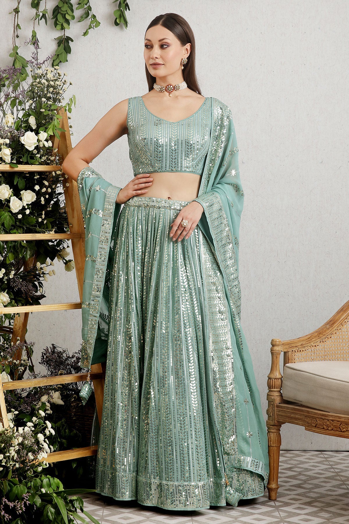 Rama Green Georgette Sequins Embroidered Lehenga