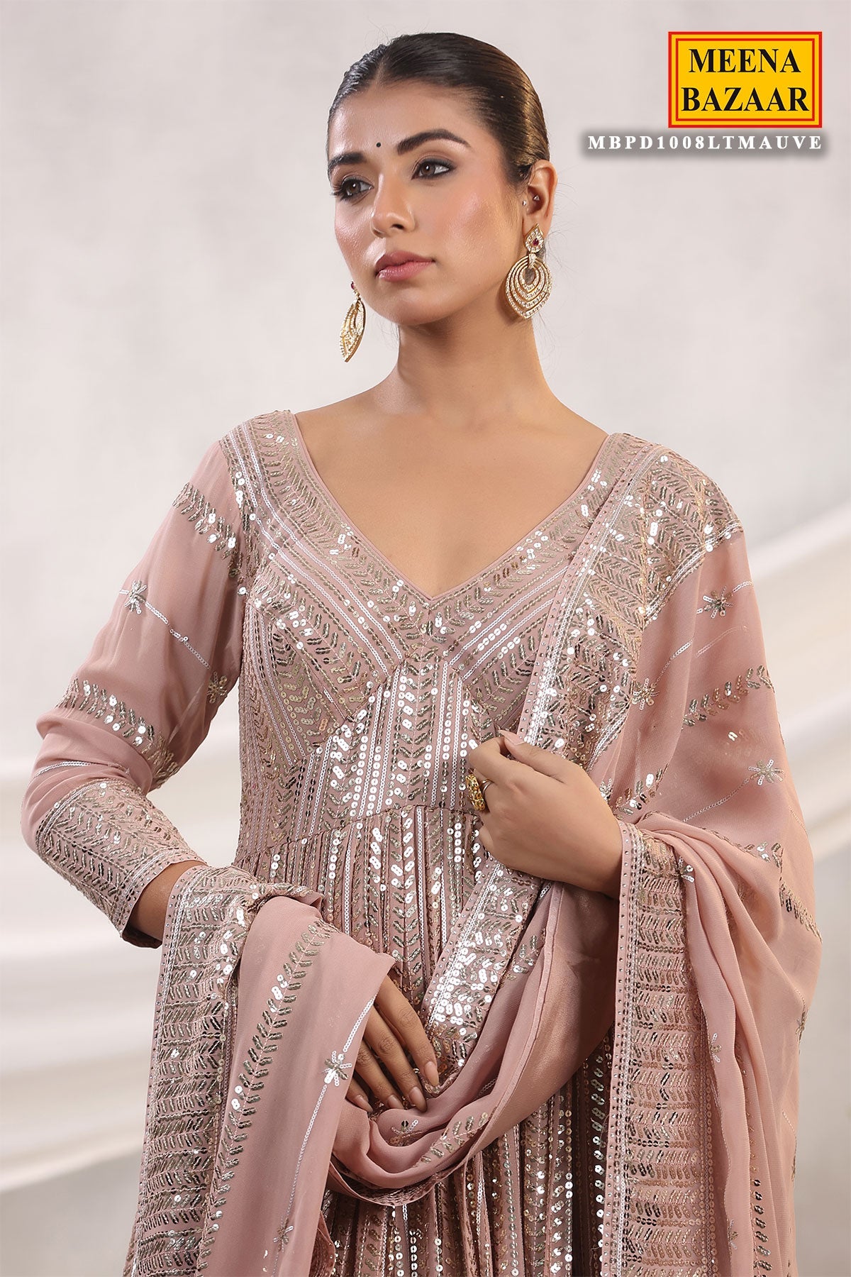 Mauve Georgette Sequins Embroidered Floor Length Anarkali Gown with Dupatta