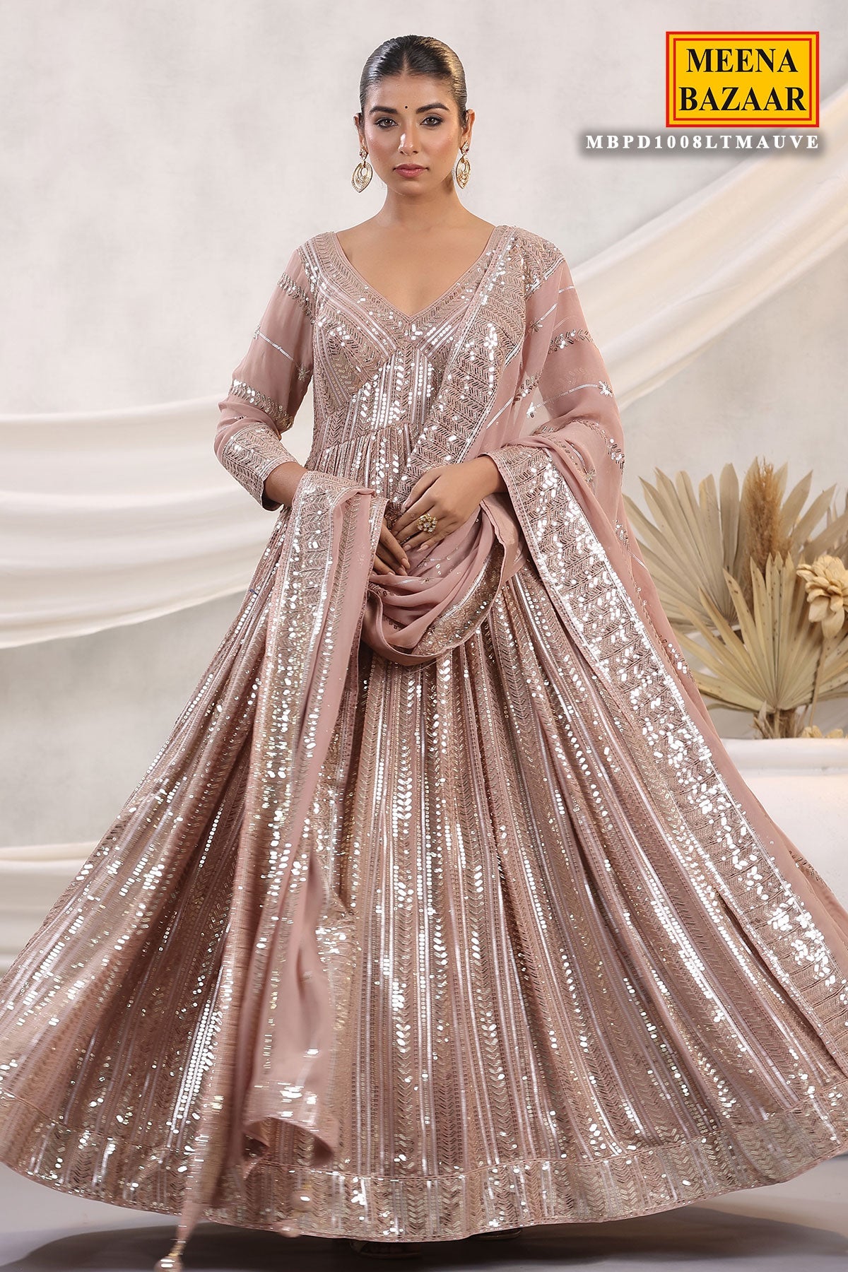 Mauve Georgette Sequins Embroidered Floor Length Anarkali Gown with Dupatta