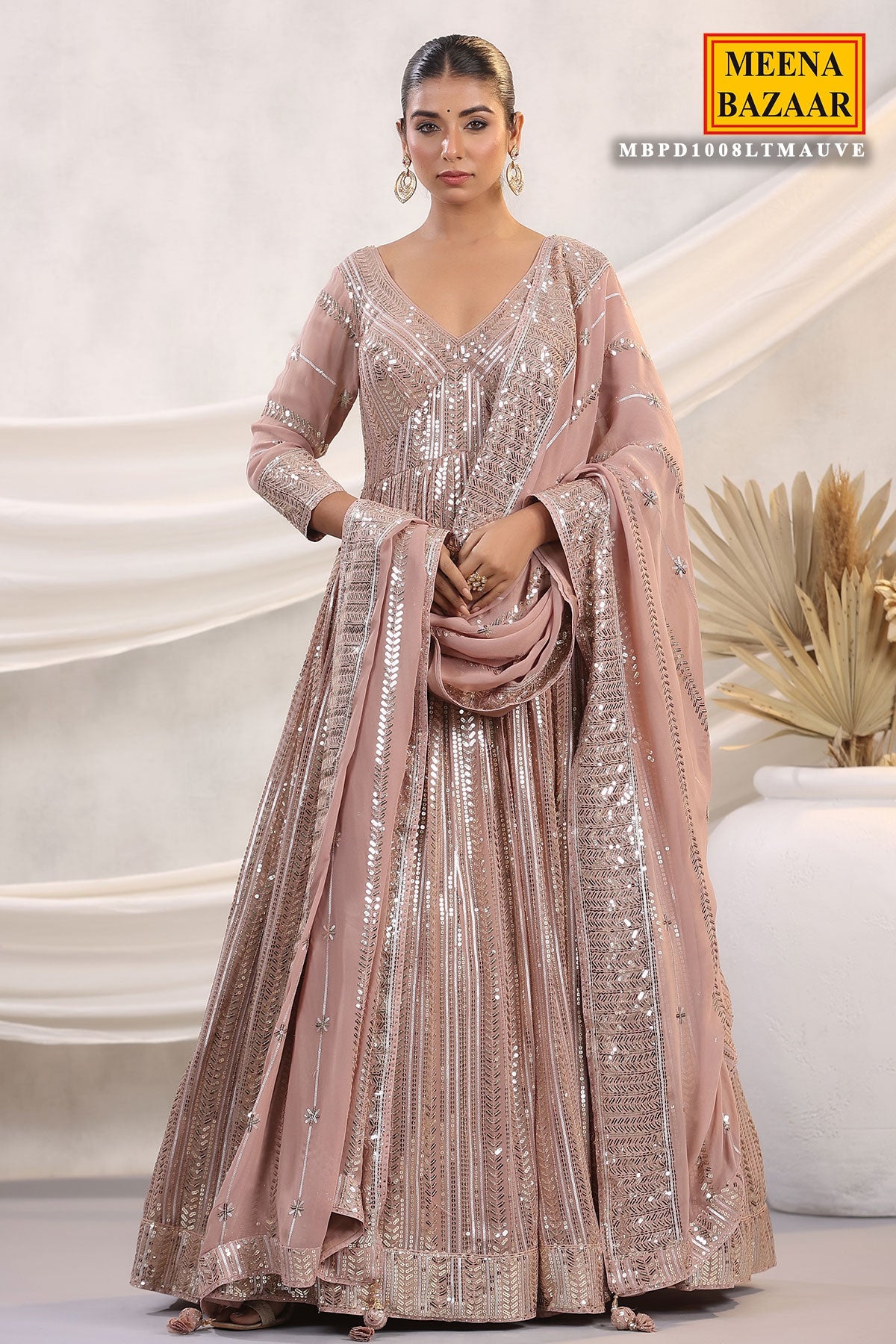 Mauve Georgette Sequins Embroidered Floor Length Anarkali Gown with Dupatta