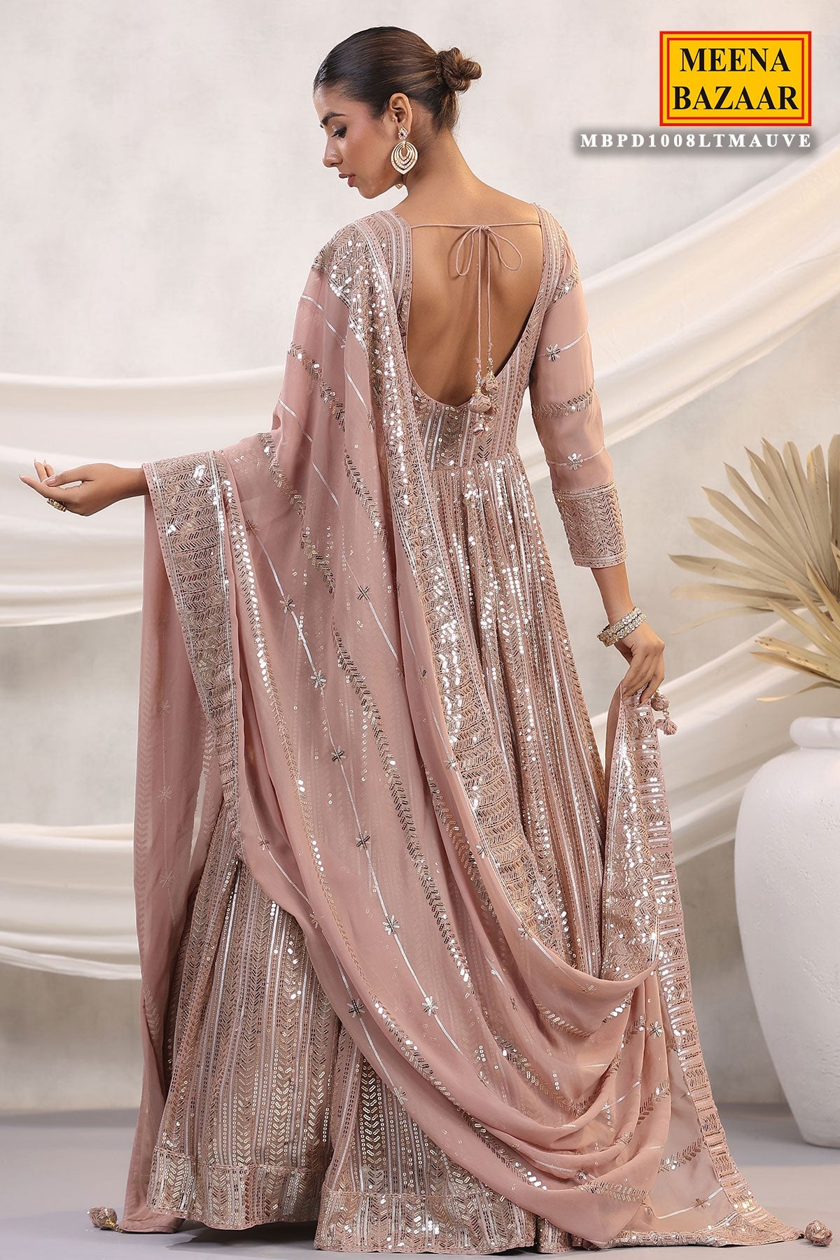 Mauve Georgette Sequins Embroidered Floor Length Anarkali Gown with Dupatta