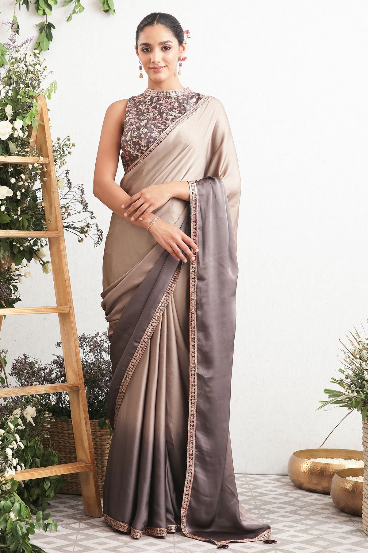 Grey Satin Embroidered Saree