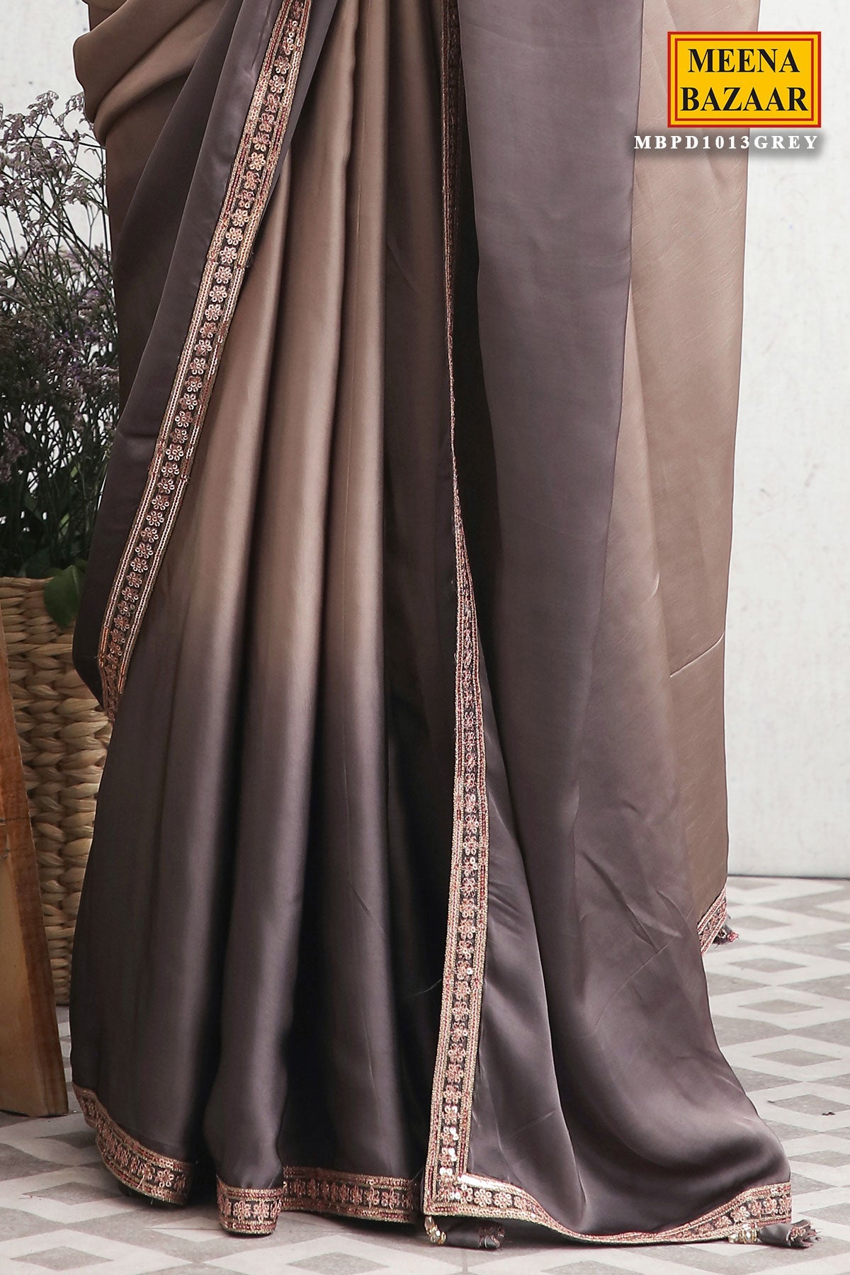 Grey Satin Embroidered Saree