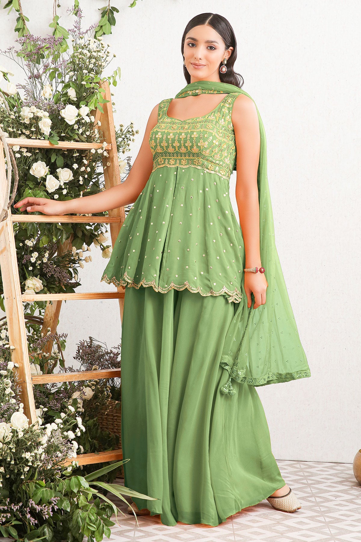 Green Georgette Embroidered Sharara Ready Made Suit