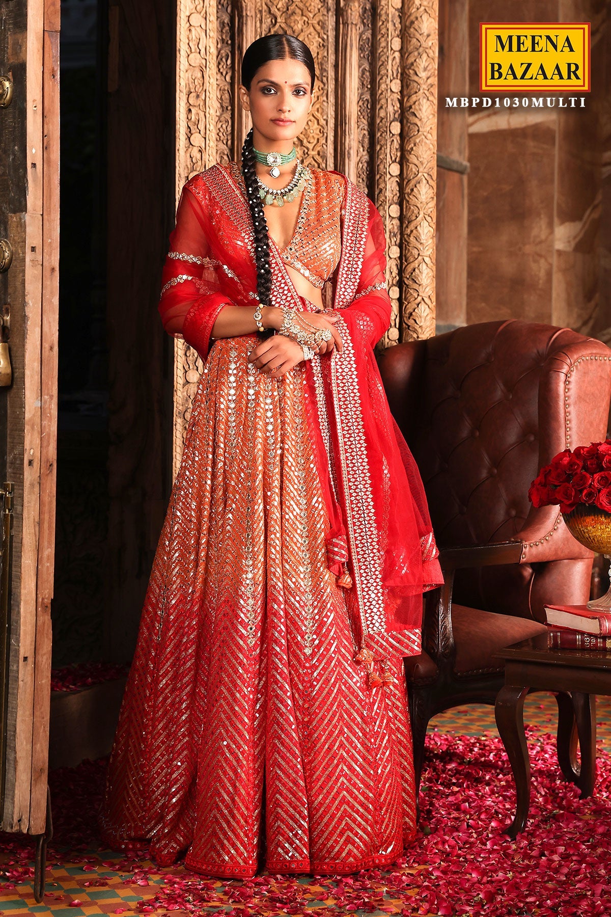 Orangish-Red Georgette Sequins Embroidered Lehenga