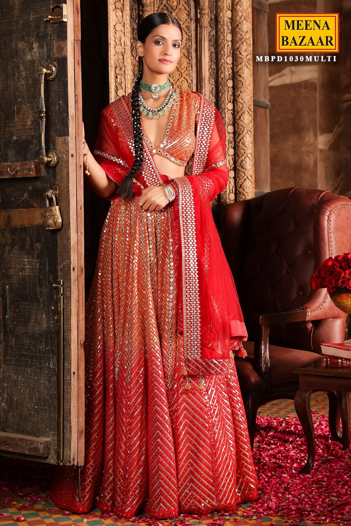Orangish-Red Georgette Sequins Embroidered Lehenga