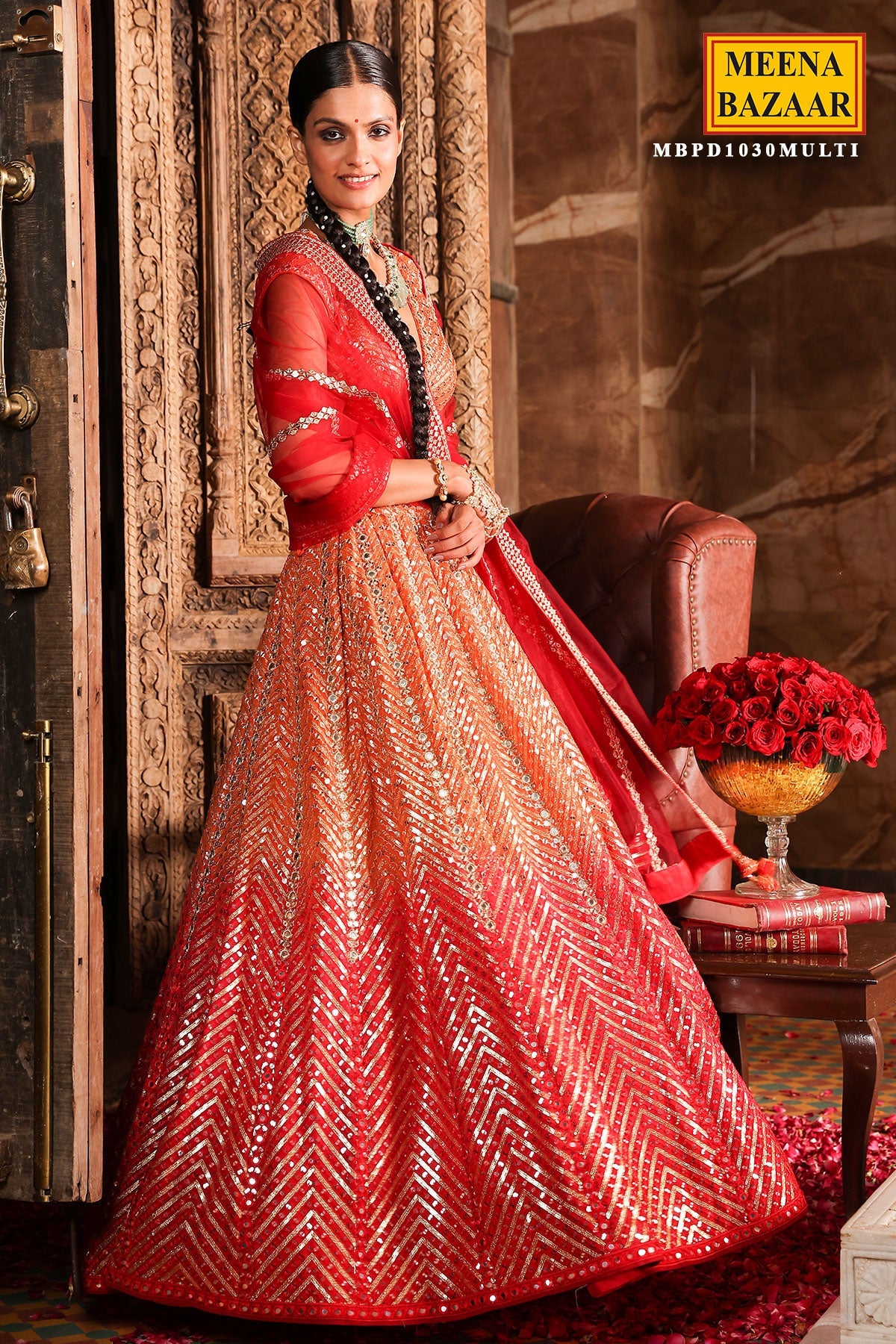 Orangish-Red Georgette Sequins Embroidered Lehenga