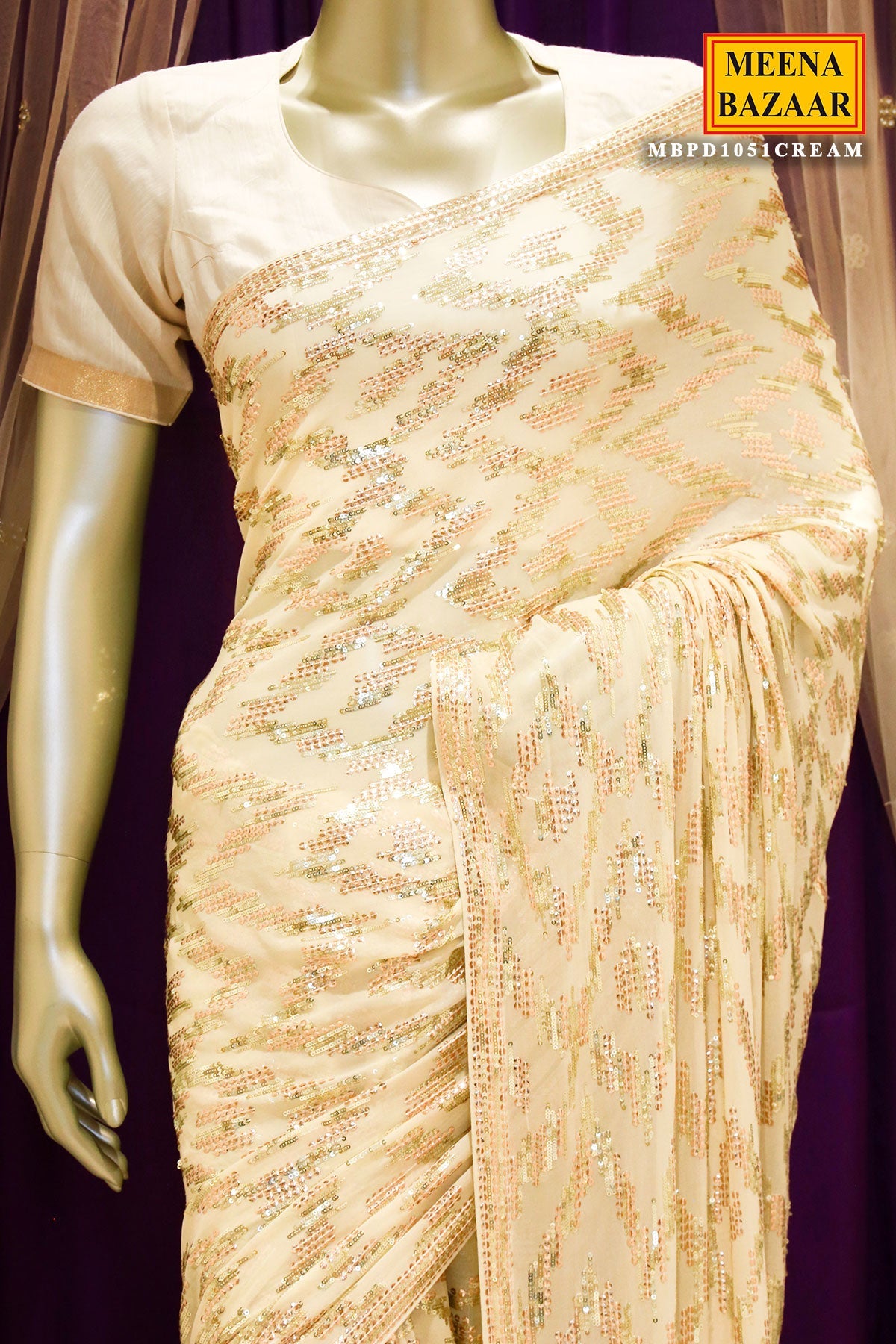 Cream Georgette Embroidered Saree