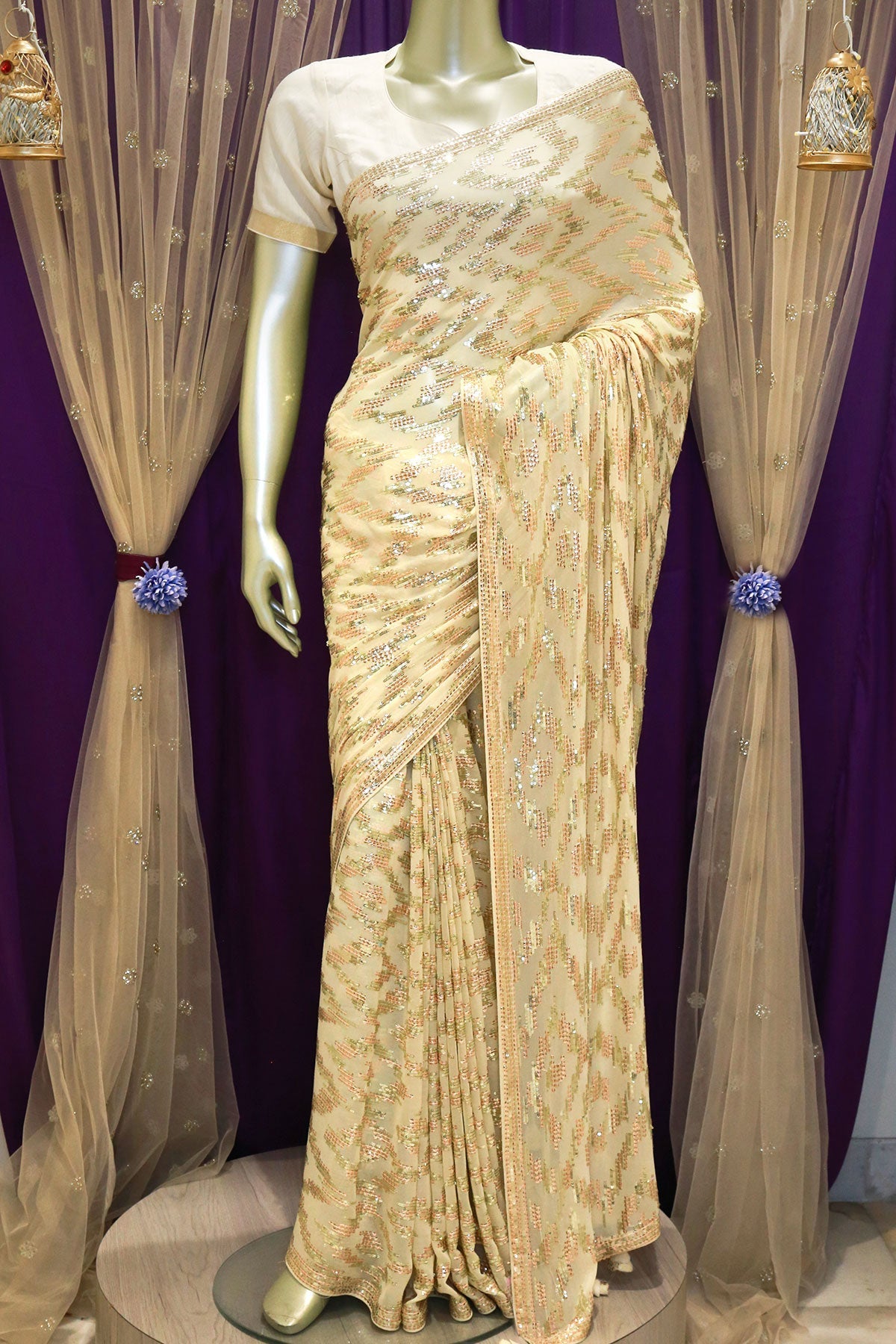 Cream Georgette Embroidered Saree