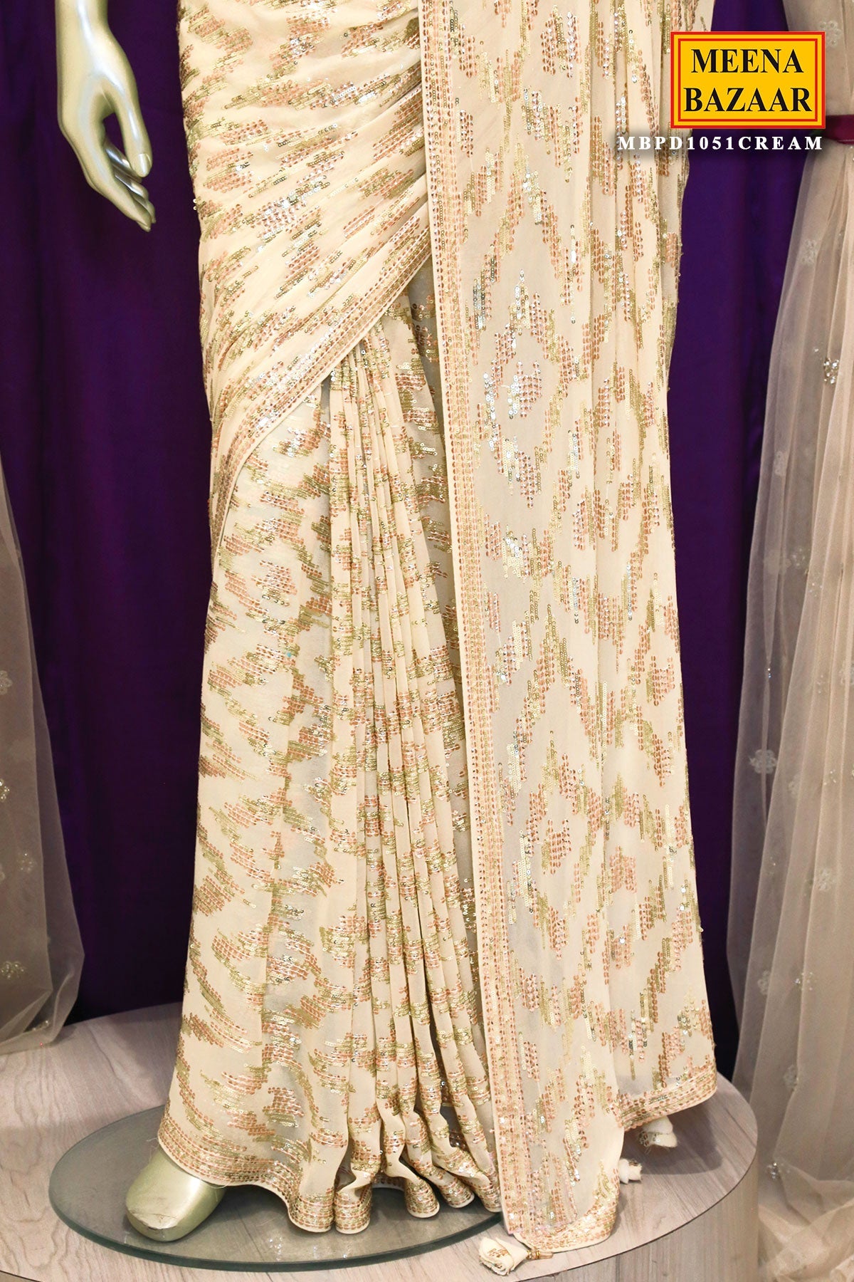 Cream Georgette Embroidered Saree