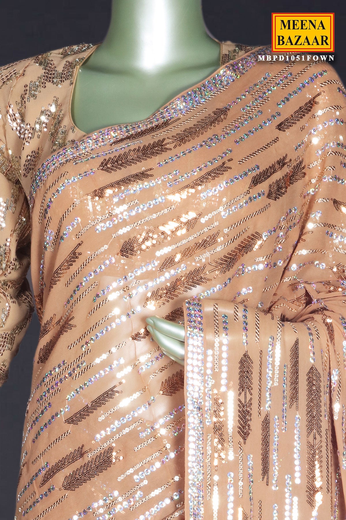 Fawn Sequins and Thread Embroidered Georgette Saree