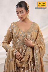 Fawn Georgette Sequins Embroidered Floor Length Anarkali Gown with Dupatta