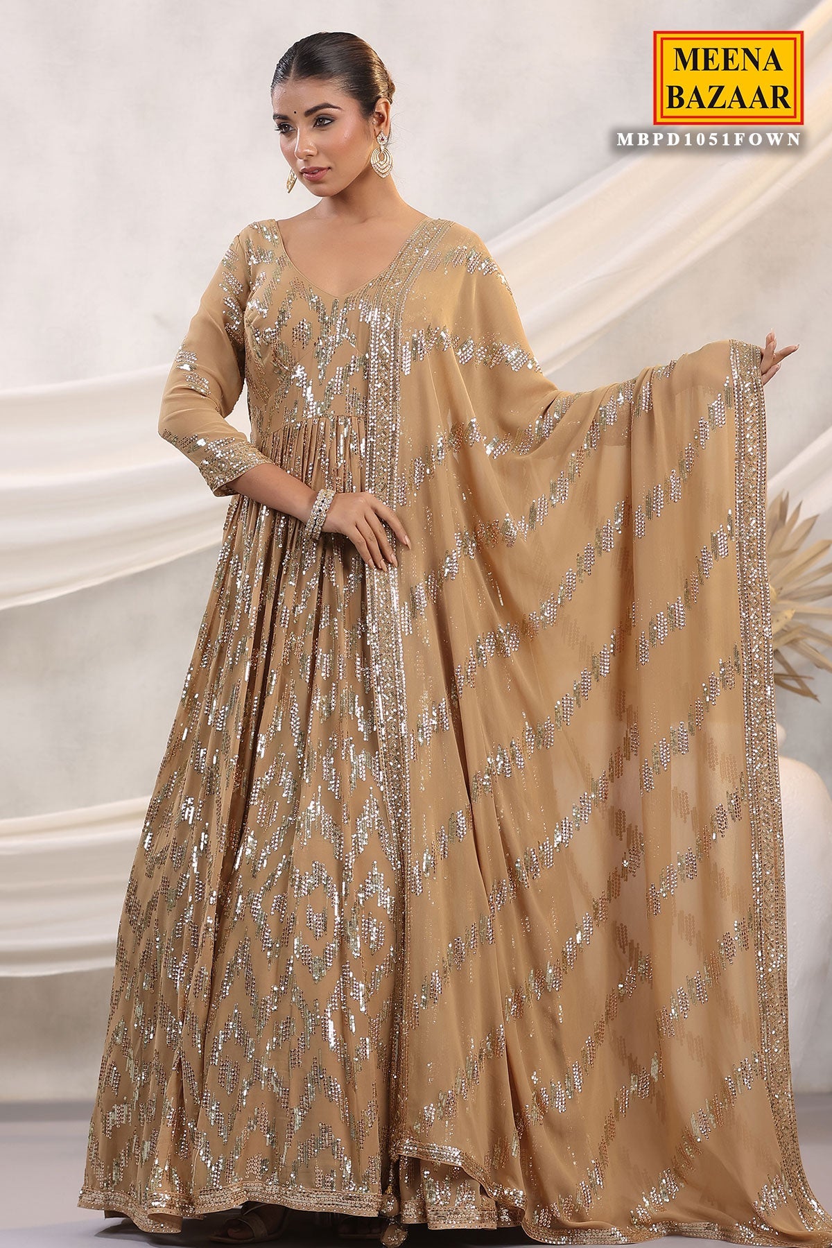 Fawn Georgette Sequins Embroidered Floor Length Anarkali Gown with Dupatta