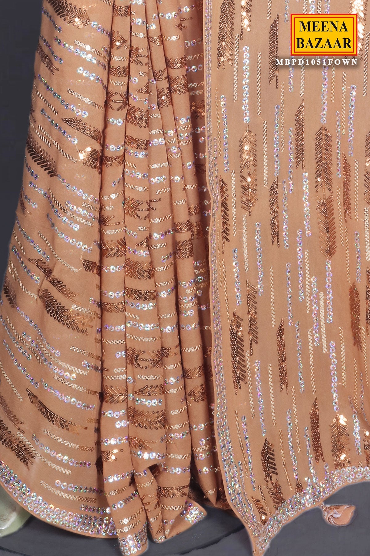 Fawn Sequins and Thread Embroidered Georgette Saree